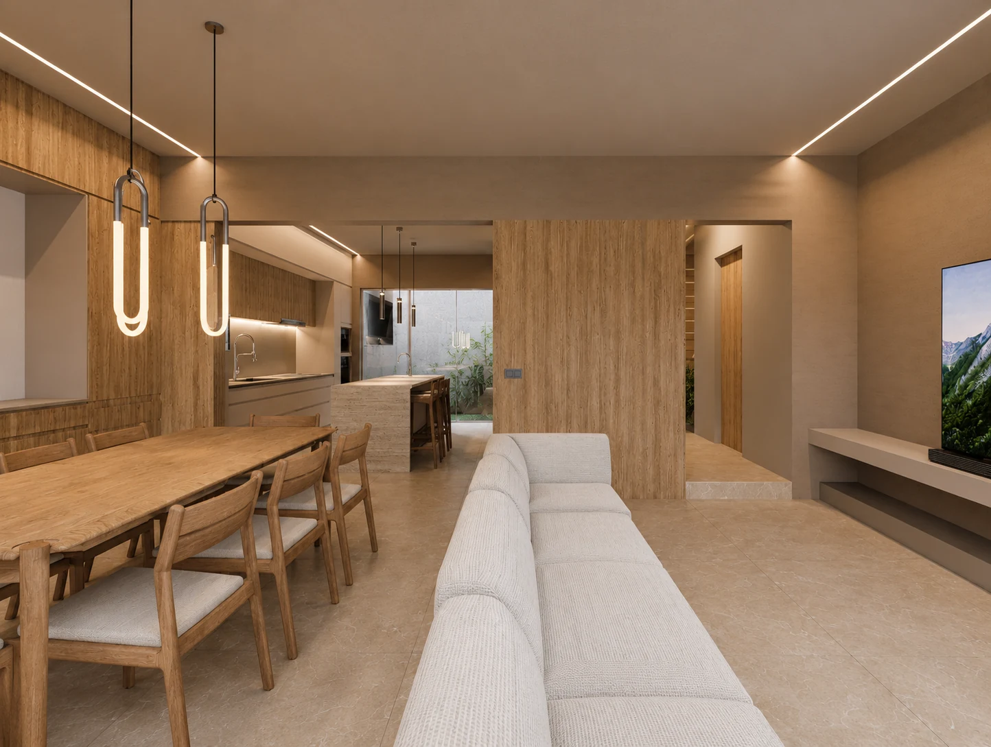 Render del área social de Casa Pom