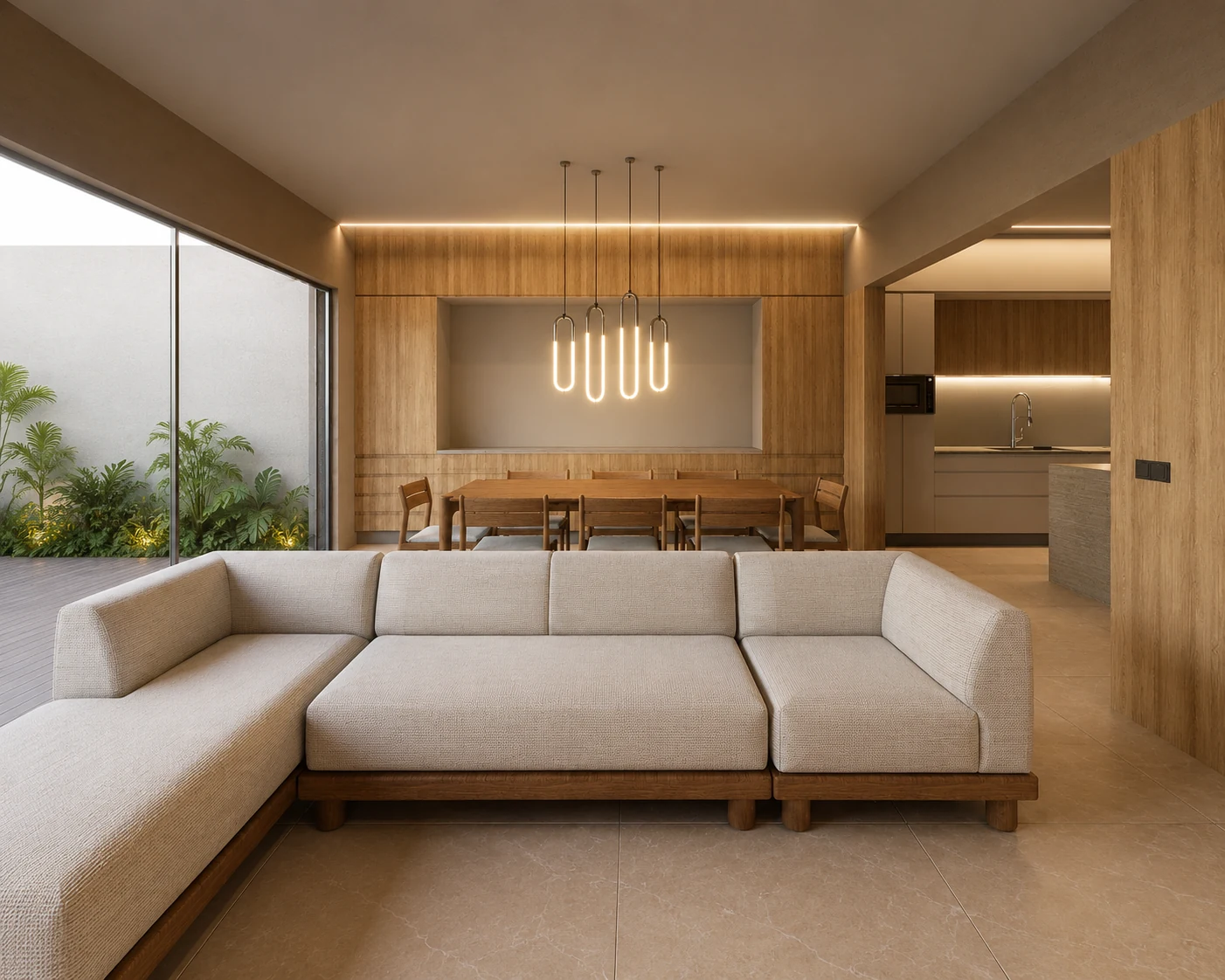 Render del área social de Casa Pom